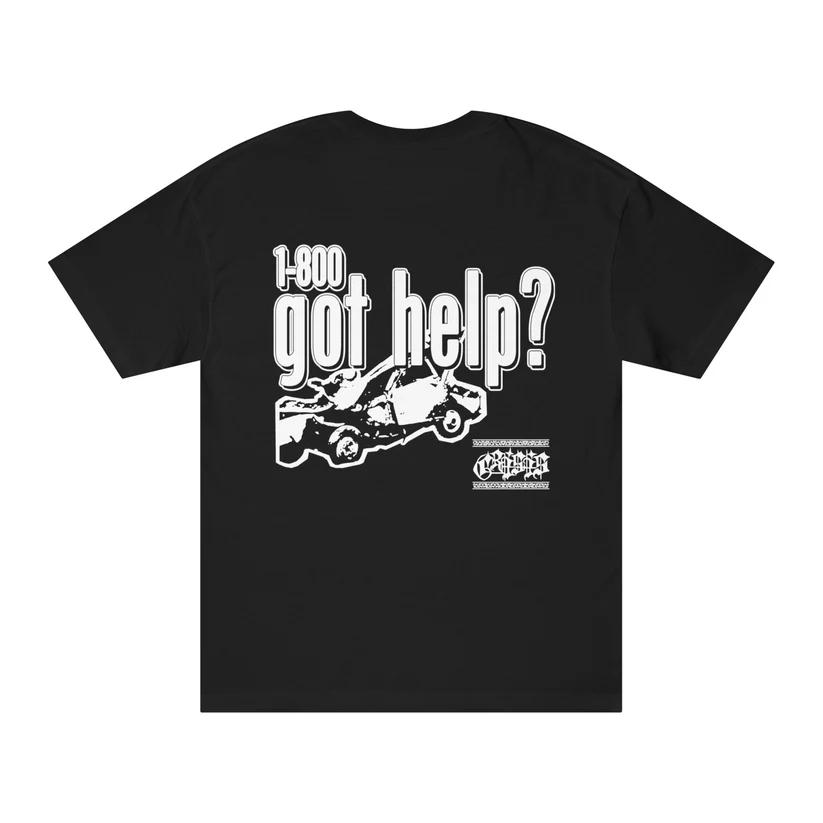 Crisis Hotline merch: black t-shirt reading "1-800 got help?" with a crashed car graphic