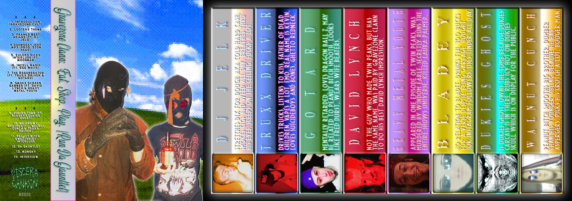 J-card for the Gravezone Clann 'Castles In Da Grave' cassette: a wide panel with a colorful tracklist spine
