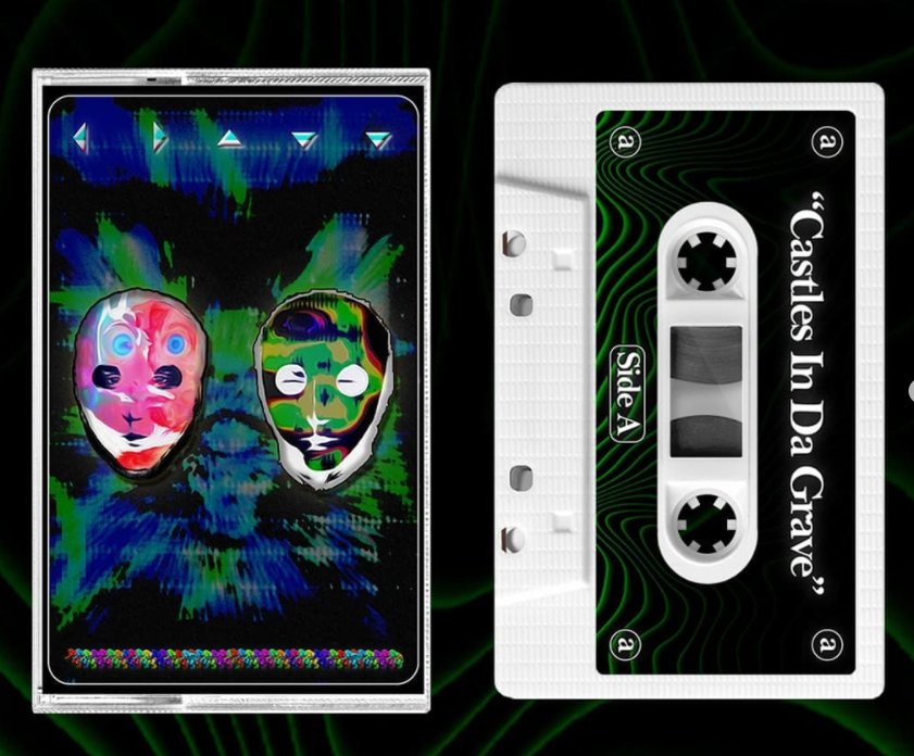 Gravezone Clann 'Castles In Da Grave' cassette: a green-and-blue masked artwork tape beside a white tape