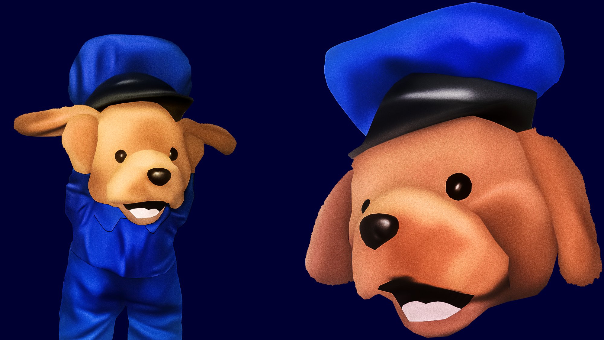 3D artwork of two cartoon cop dogs in blue police caps on a deep blue background