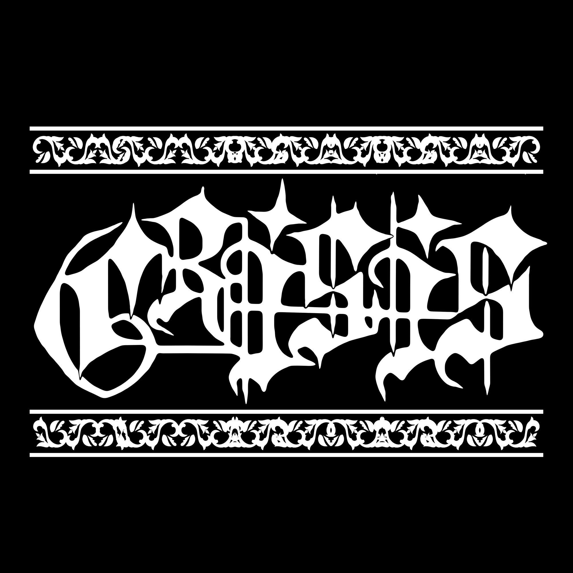 Crisis in white gothic blackletter type between decorative borders on black