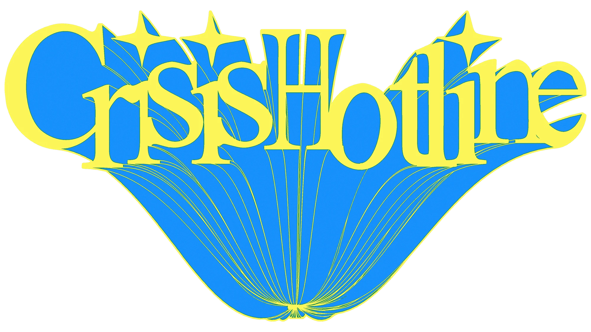 Crisis Hotline logo type in yellow and blue letters with a fan of yellow lines, on a transparent background