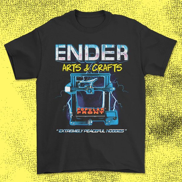 Crisis Hotline merch: black Ender Arts & Crafts t-shirt on a yellow background