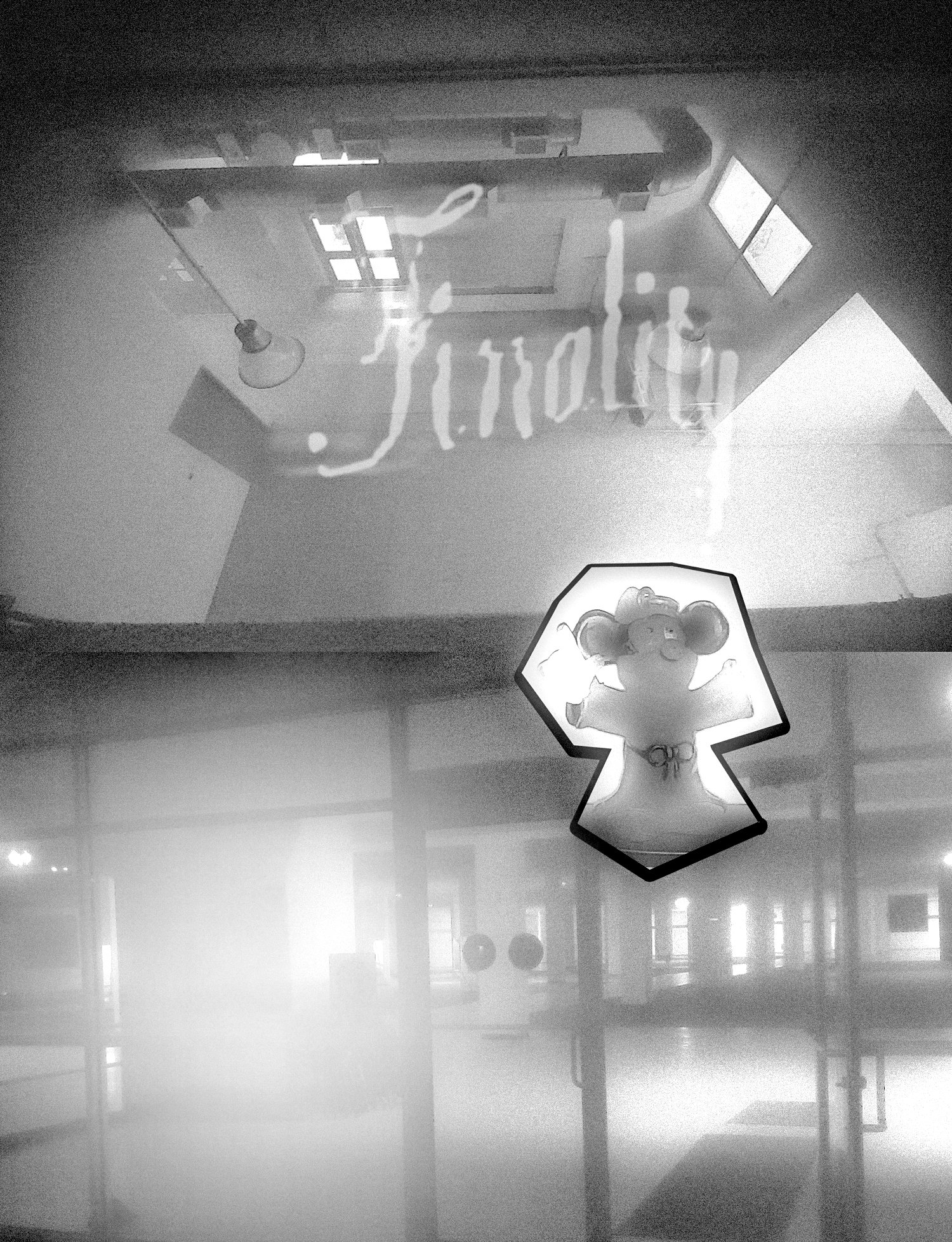 Finality artwork by Crisis Hotline: overhead black-and-white surveillance view of a hallway with a white figure