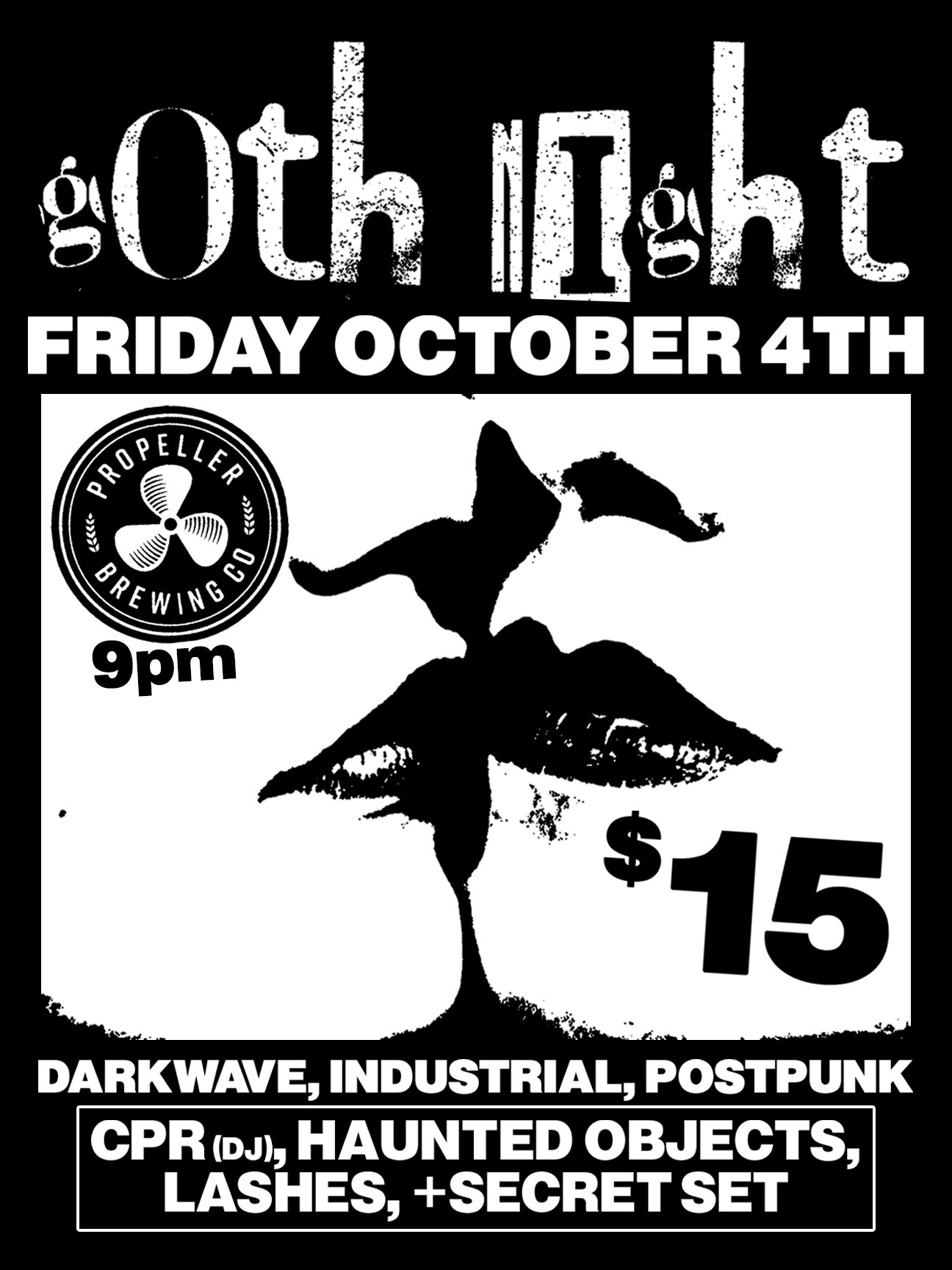 Goth Night poster for Friday, October 4 at Propeller Brewing with a black-and-white lips and bird graphic