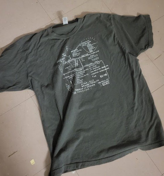 Crisis Hotline merch: olive green t-shirt with a white print