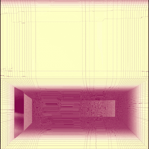 Animated loop of a pink wireframe corridor stretching into the distance
