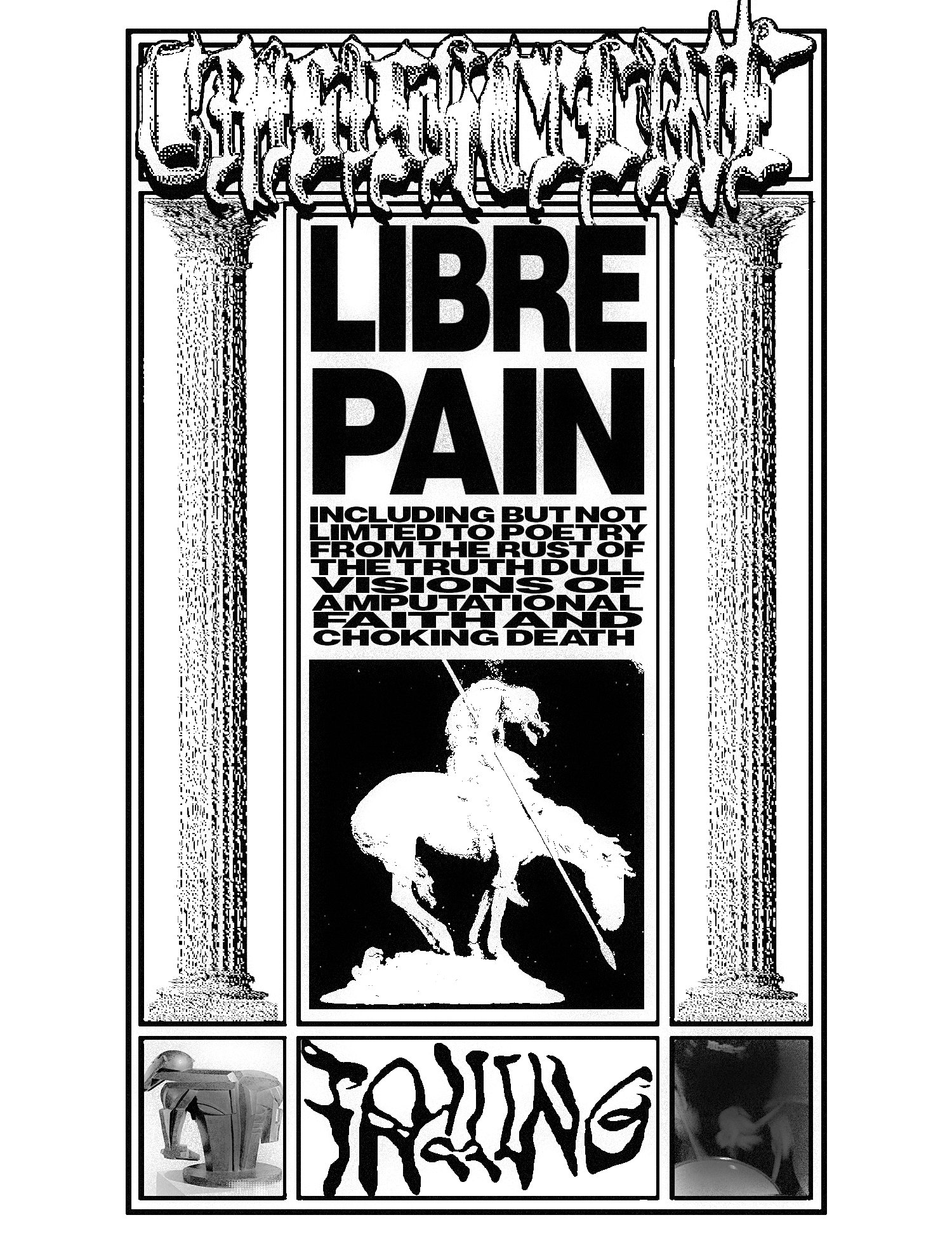 Crisis Hotline Libre Pain zine cover: black-and-white poster with a horse and rider between two columns