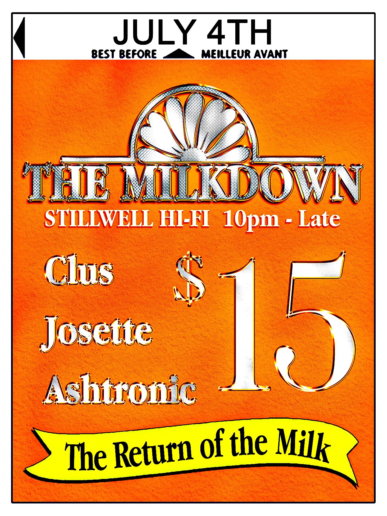 The Milkdown poster for July 4, The Return of the Milk, in orange milk-carton style