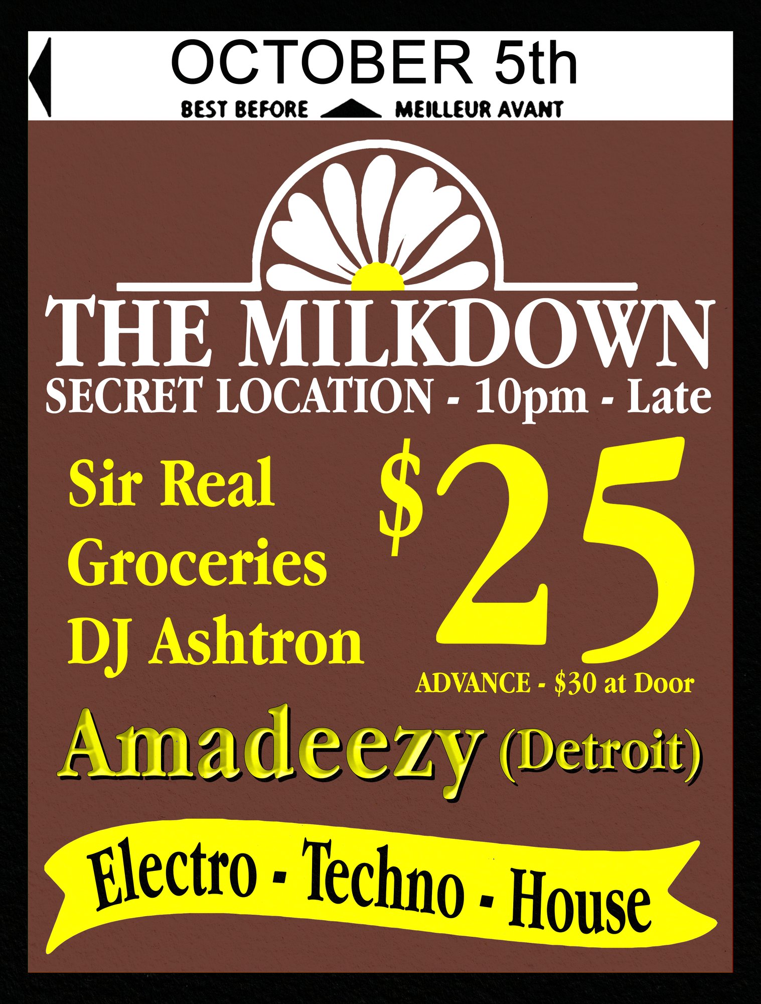 The Milkdown poster for October 5 with a brown milk-carton design, an electro, techno and house night