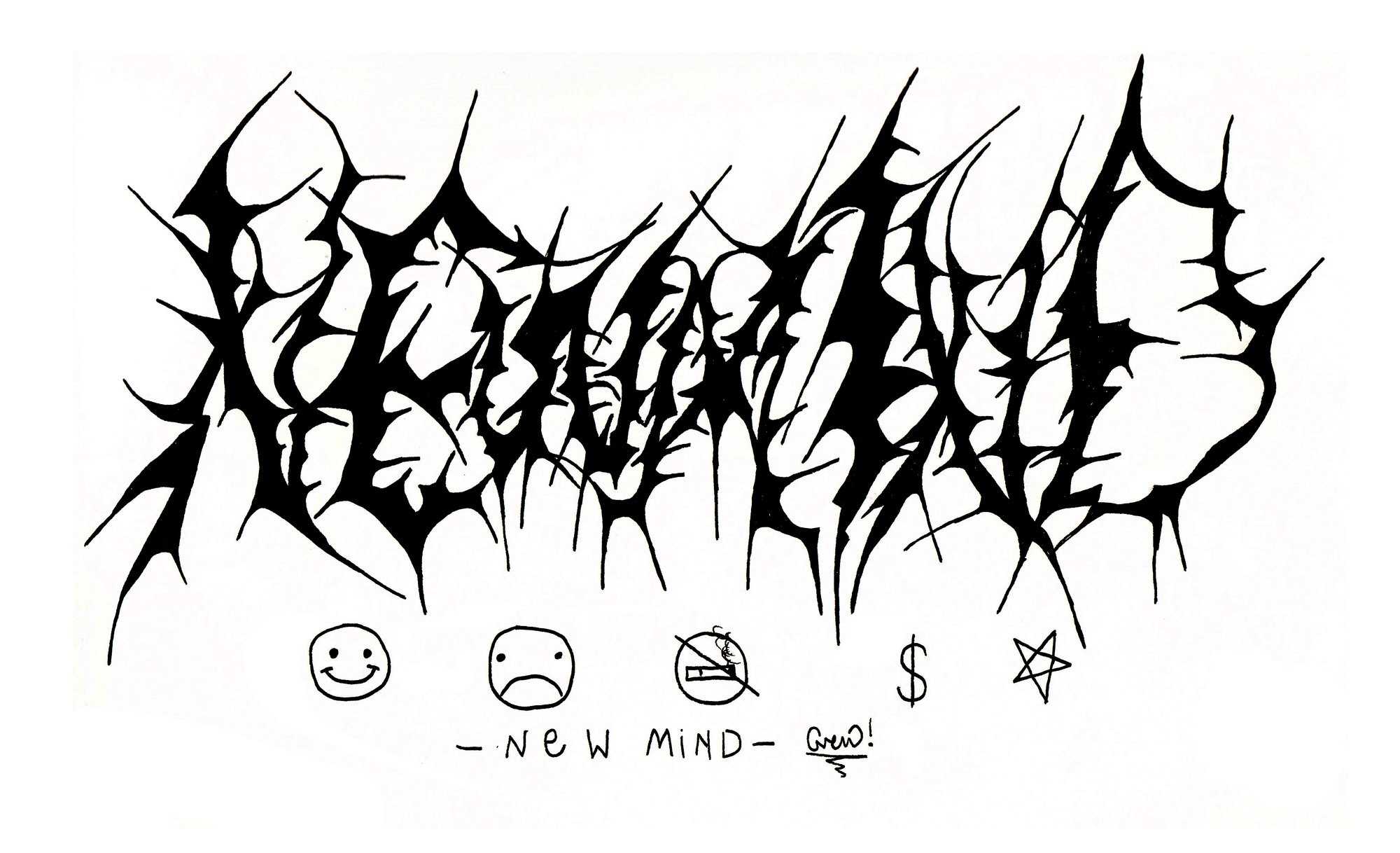 Hand-drawn gothic blackletter lettering with smiley faces and the words "new mind"