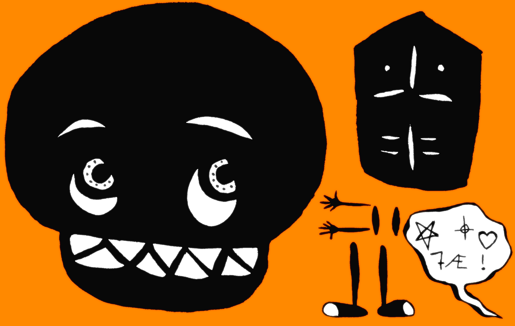 Orange skully artwork by Crisis Hotline: a black skull with a toothy grin, cartoon limbs and a speech bubble on an orange background