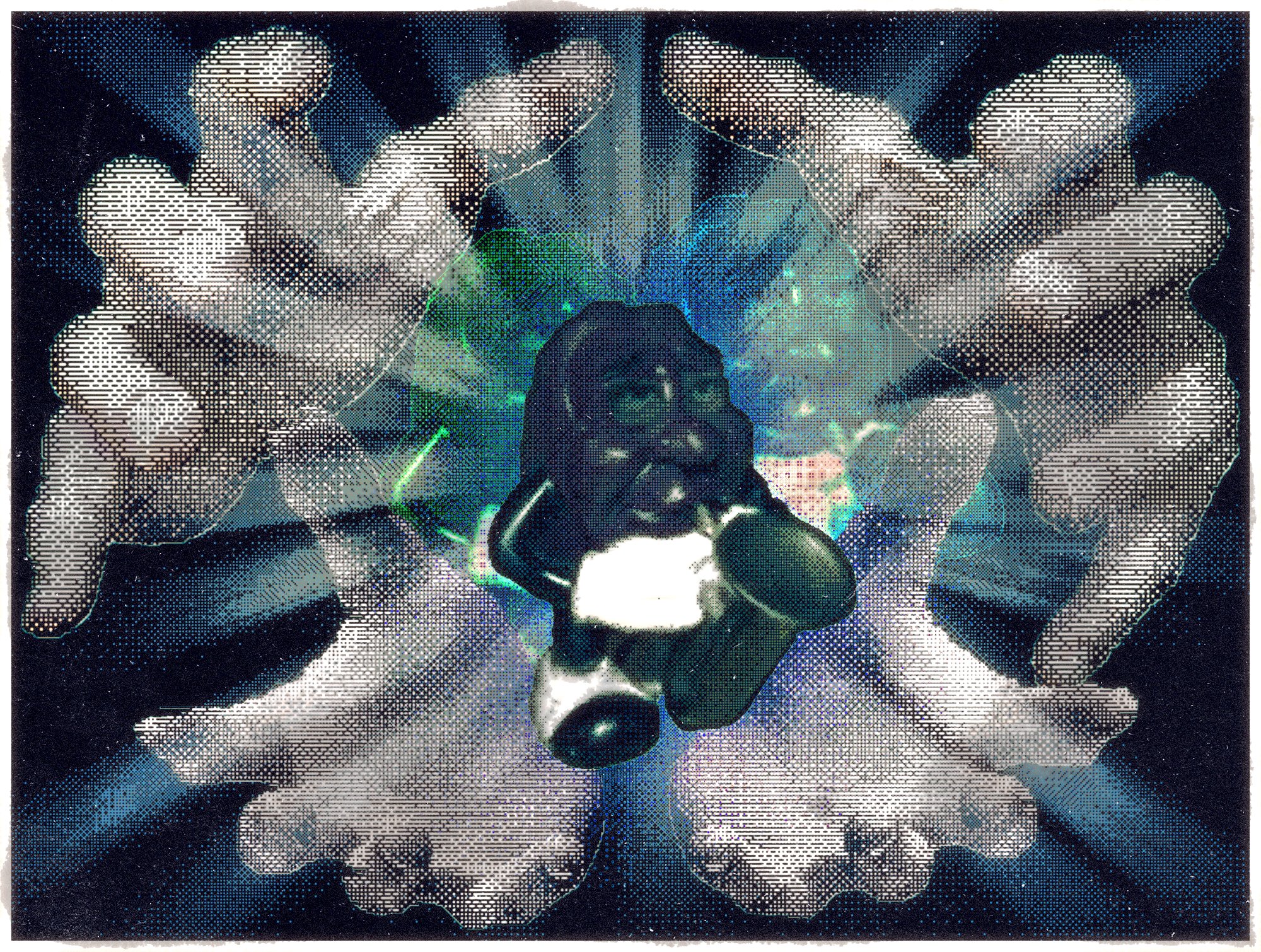 Raisin collage artwork by Crisis Hotline: a dark figure holding a saxophone surrounded by glowing hands and rays of light