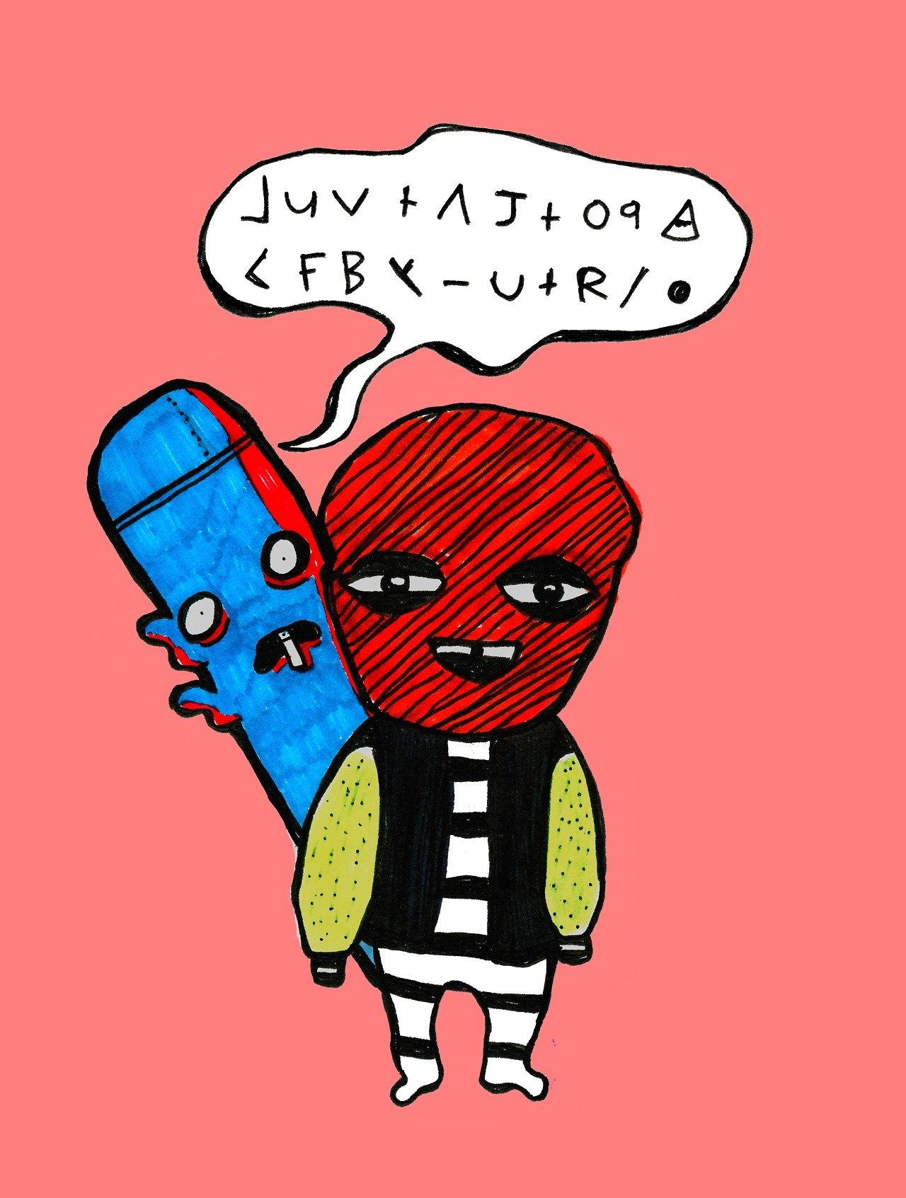 Taytay and Booboo illustration by Crisis Hotline: two cartoon characters with a speech bubble of symbols on a pink background