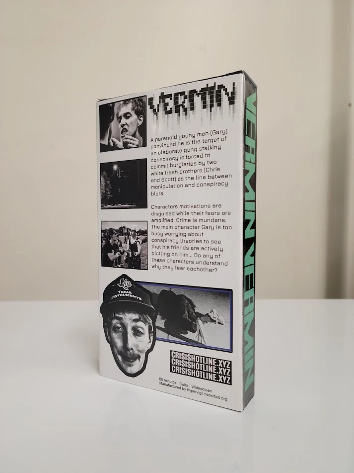 Back of the Vermin (2026) movie VHS box with stills and credits