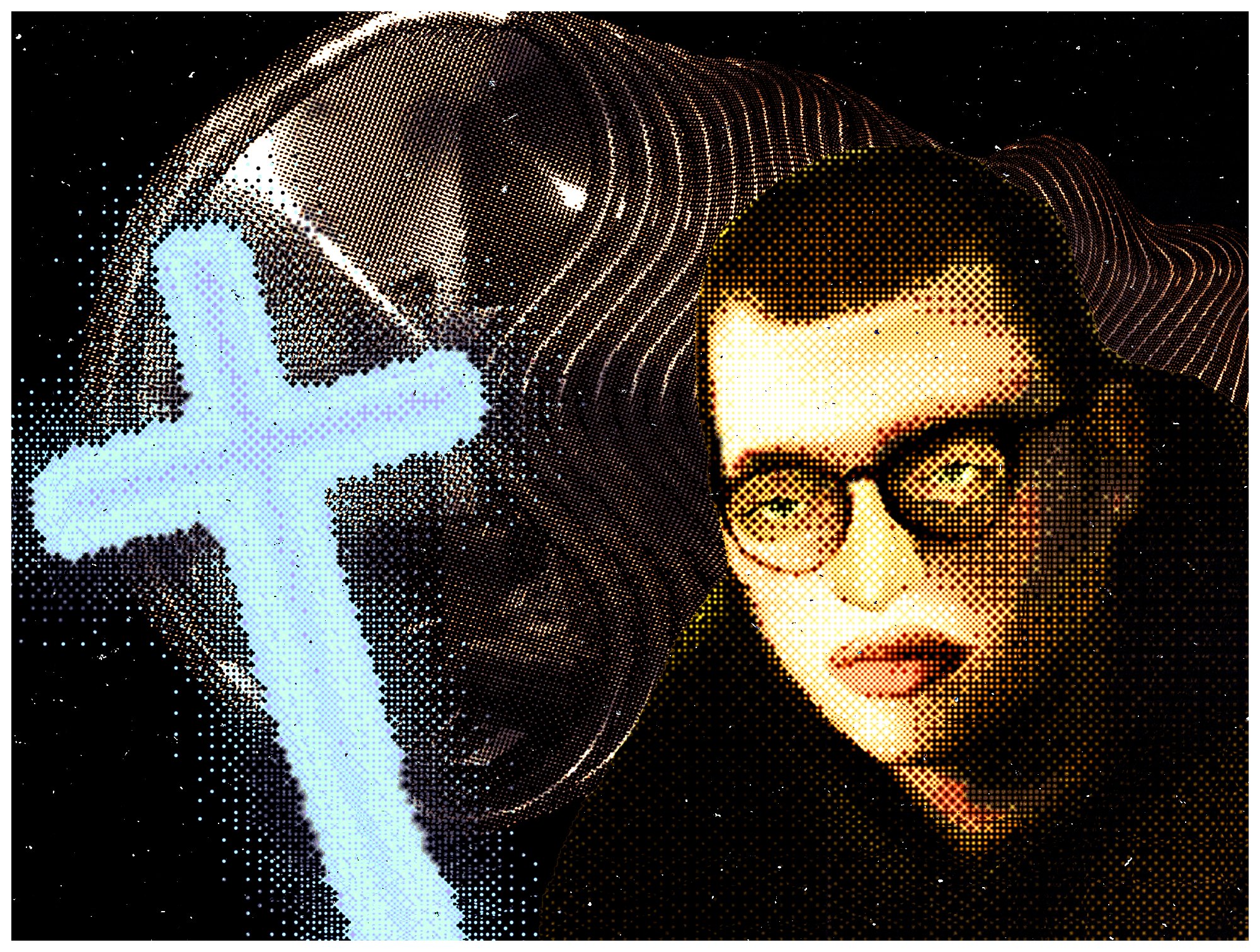 Halftone portrait artwork by Crisis Hotline of a person in round glasses beside a glowing blue cross